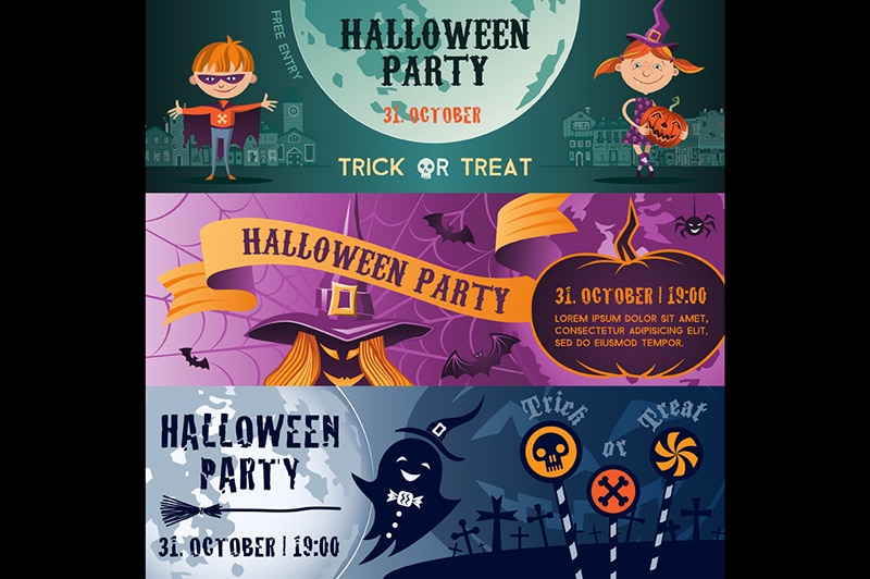 Vector concept Halloween party flat banner set. Halloween party flayer, poster. Children, witch, brooms, ghost and pumpkin.